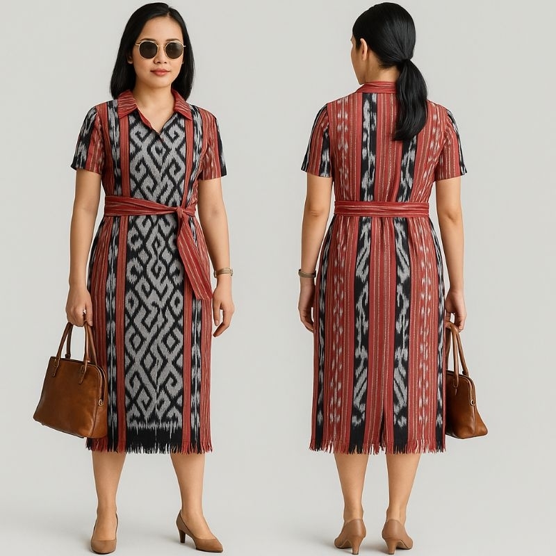 Dress Tenun Jepara Motif Toraja - Busana Etnik Modern Elegan | Gaun Tenun Wanita Kekinian | Baju Ten