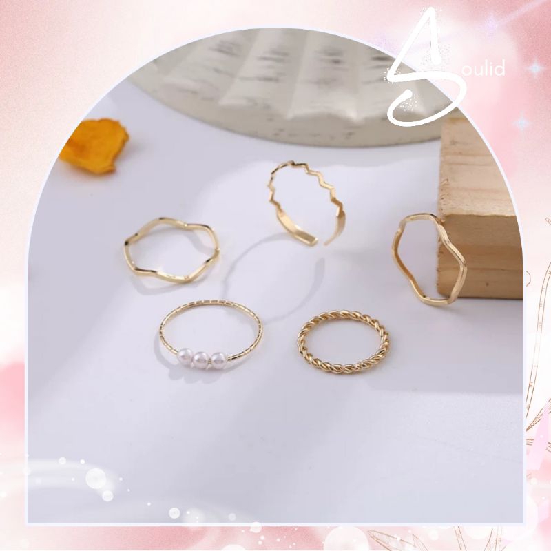 Cincin Mutiara Lucu Model Korea Set Perhiasan 5 Pcs Wanita Kristal Warna Emas Silver