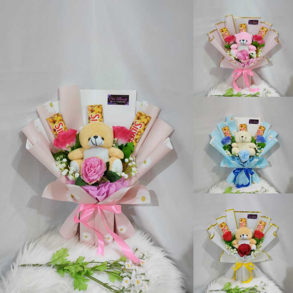 Buket Bunga + Boneka Bear + 3 Coklat Silverqueen 55gr Buket Batam Romantis Lucu Bucket Bunga Batam K