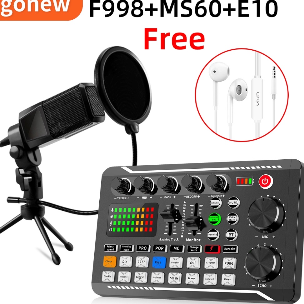 55SALE gonew F998 Soundcard Bluetooth Audio Usb External Sound Card Mixing Console for Phone PC Broa