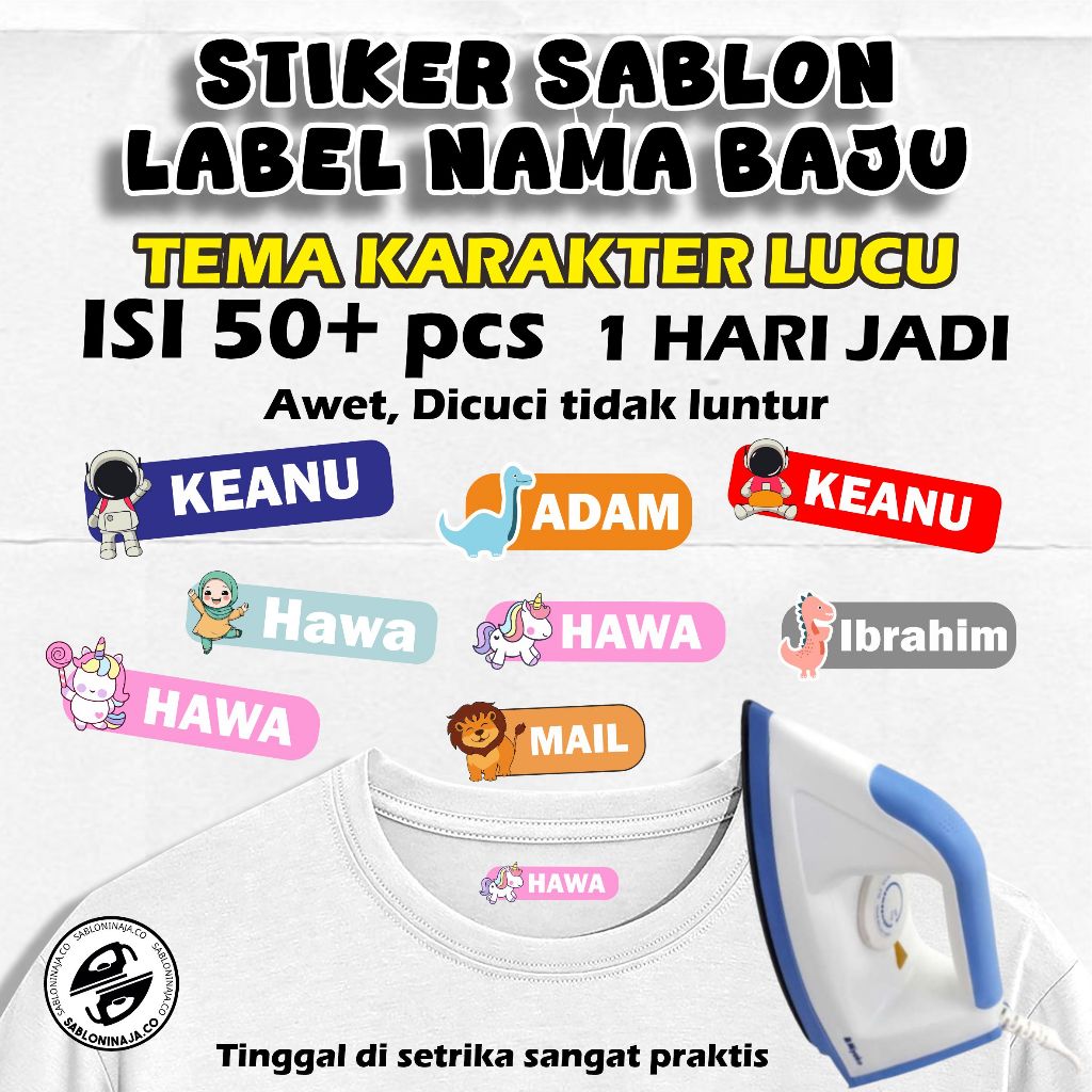

Sehari Jadi! Stiker Sablon Label Nama Baju Stiker Custom Nama Label Printing Kain / Kaos Sablon Setrika Tema Karakter Lucu Gratis Custom Nama Isi 50+ lebih, Praktis Tinggal Setrika