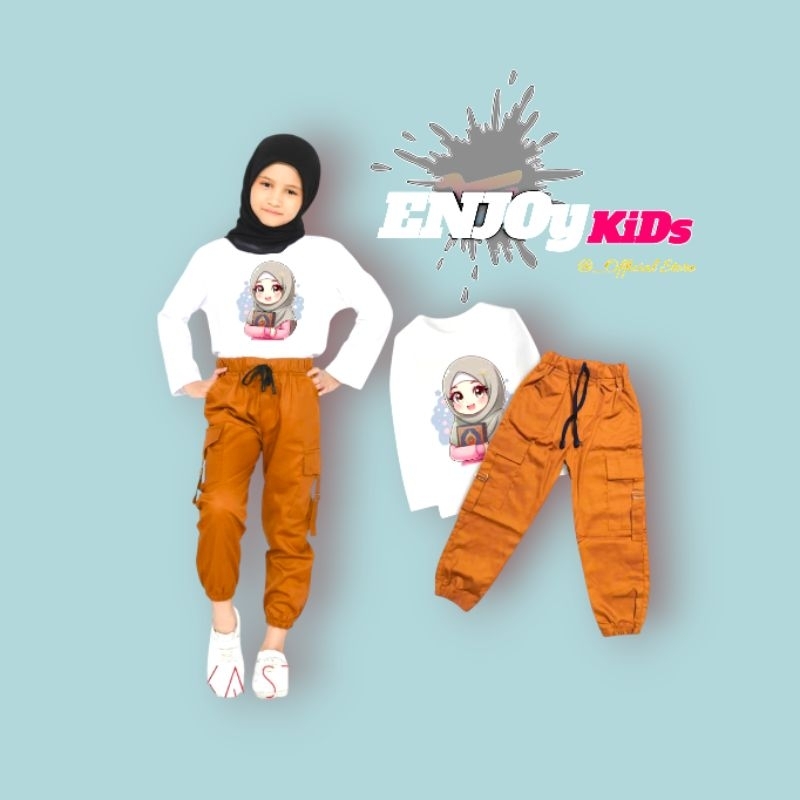 Setelan Kaos Muslim panjang Joger cargo anak perempuan 1-13 tahun kekinian | One set anak perempuan