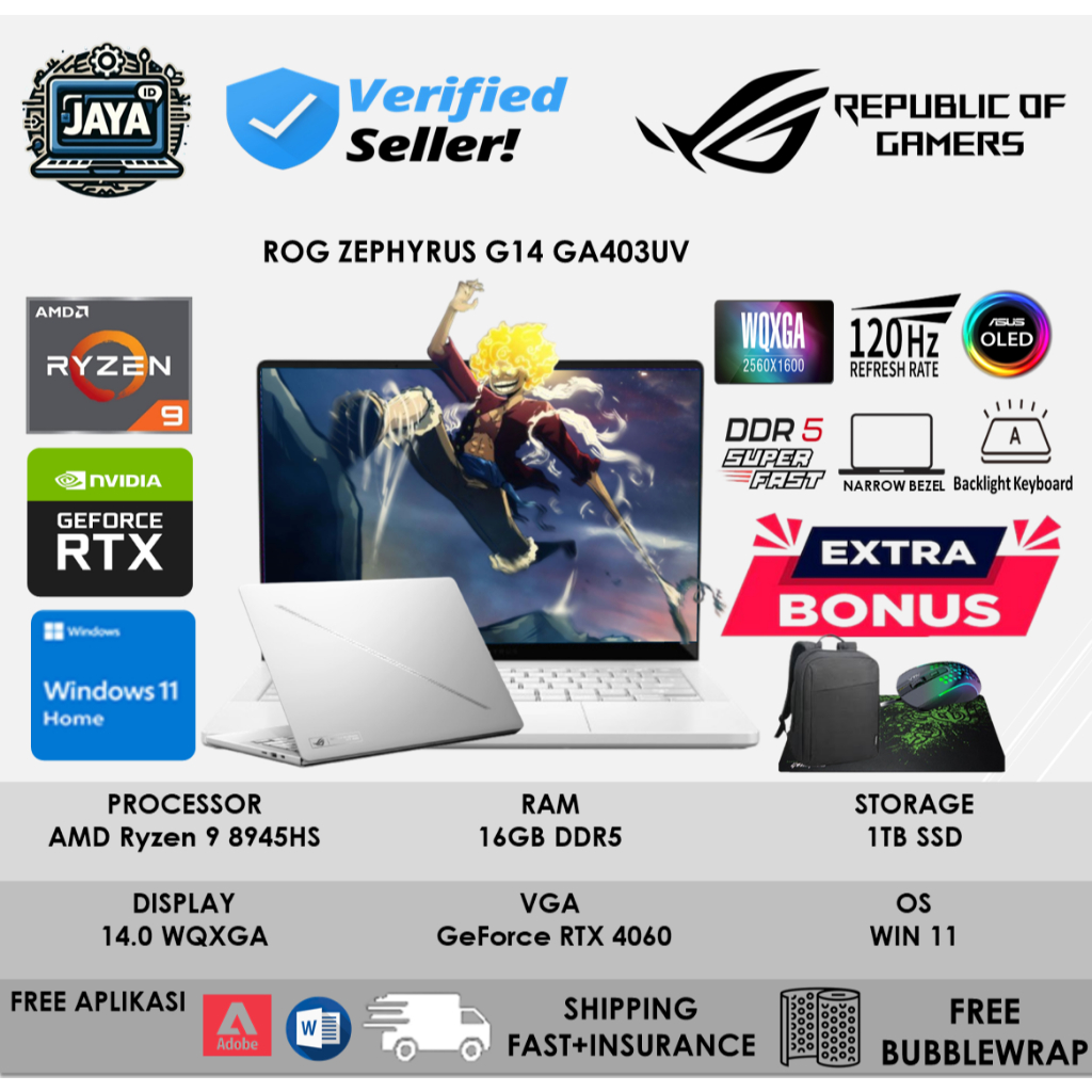 Laptop Gaming Asus ROG Zephyrus G14 GA402VU RTX4060 Ryzen 9 8945HS Ram 16GB DDR5 2TB WQXGA OLED WHIT