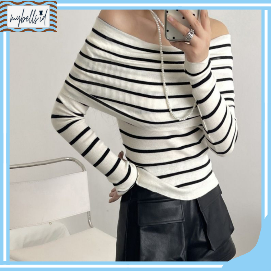 MB BJ532 Baju Off Shoulder Atasan Sabrina Motif Garis-Garis Lengan Panjang Long Sleeve Knit
