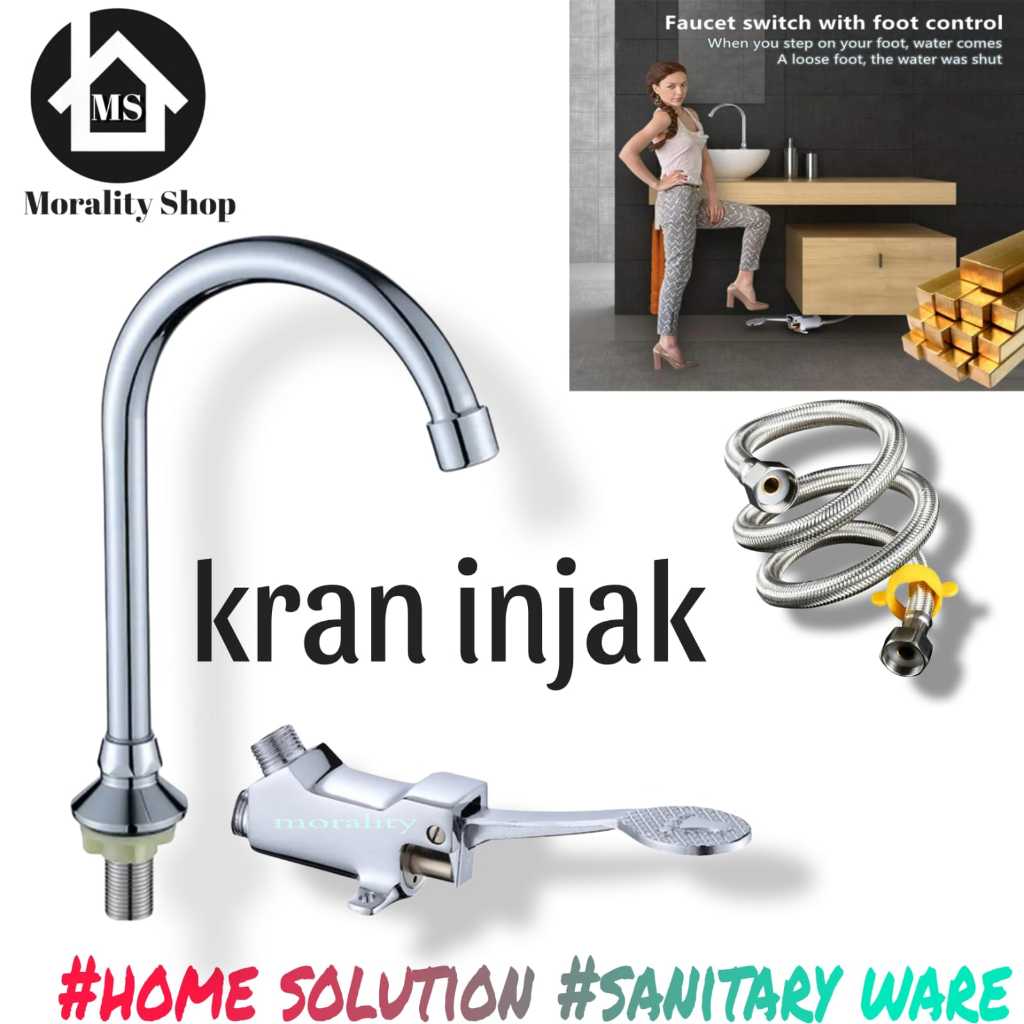 kran wastafel cuci tangan rumah sakit restoran mall model injak pakai kaki / keran air kuningan