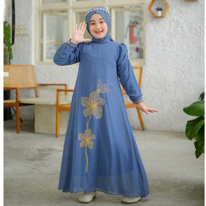 Gamis Anak Motif Bunga Bordir Terbaru 2025 Usia 6-14 Tahun Bahan Ceruty Babydoll Baju Lebaran