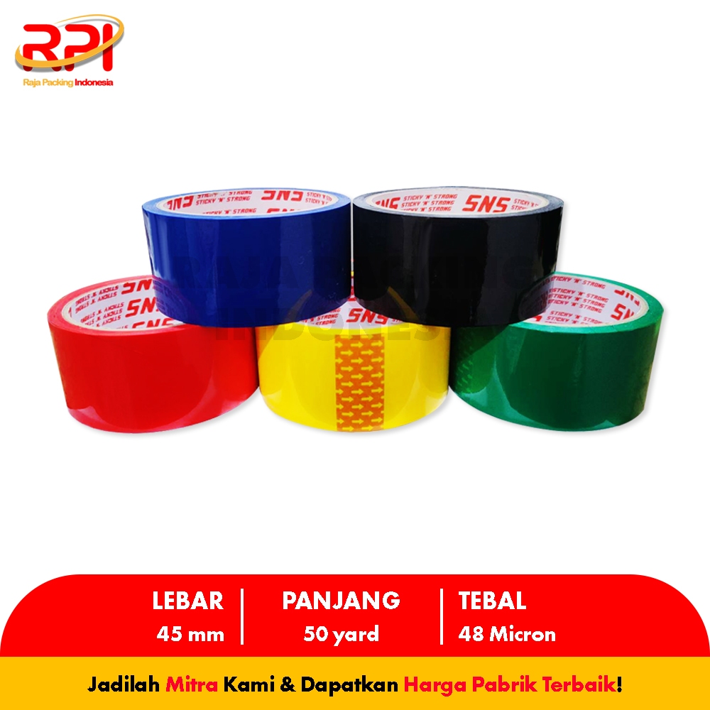 

Lakban Warna Warni 50 Yard x 45 Mm x 45 Mic Sticky N Strong (SNS) RAJA PACKING INDONESIA