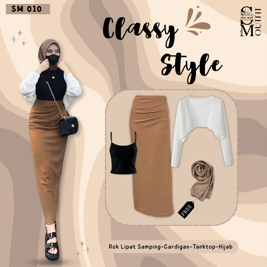 Outfit One Set Wanita Kekinian (Cardigan Crop, Rok Lipat, Tanktop, Free Hijab) Hijab Style SM010