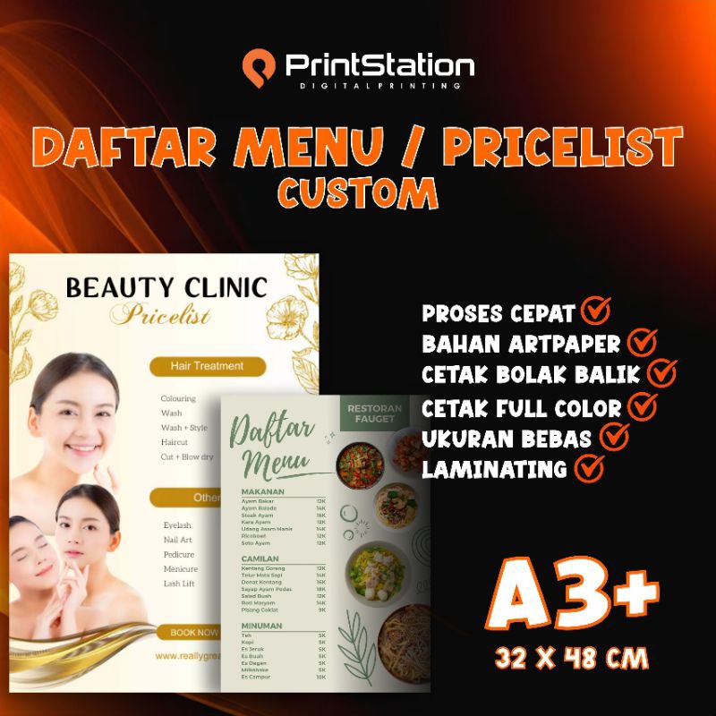 

PRICE LIST PRODUK / DAFTAR MENU DESAIN CUSTOM UKURAN A3+ PLUS LAMINATING