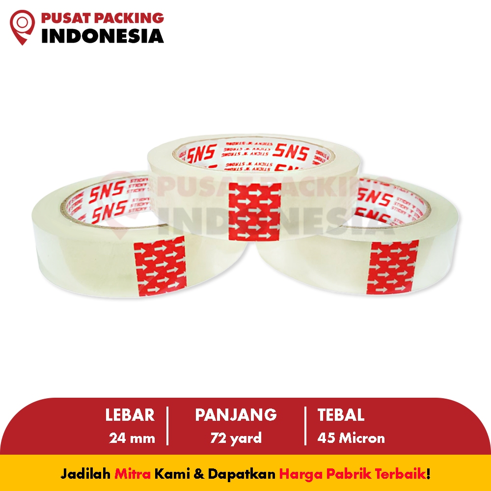 

Isolasi / Solatip Bening 24 Mm x 72 Yard x 45 Mic Sticky N Strong (SNS) PUSAT PACKING INDONESIA