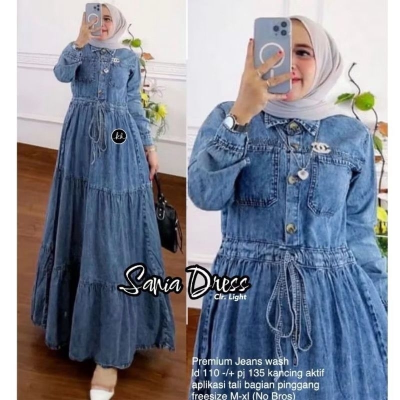 Gamis Jeans Jumbo Saria Dress Jeans Wanita Jumbo Ld 110 /Baju Gamis Jeans Susun Tali Serut Busui
