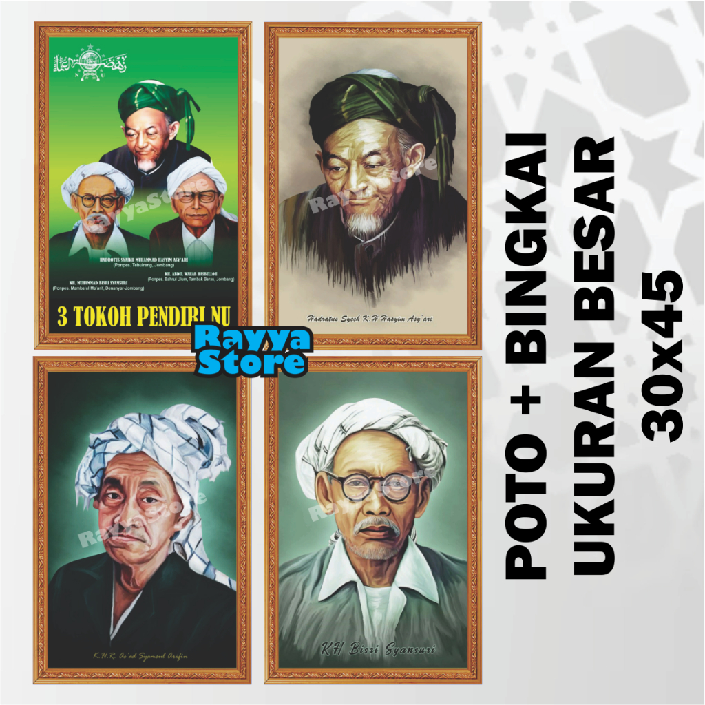 Poster Poto + Bingkai, 3 Tokoh Pendiri NU KH Hasyim Asy'ari, Ukuran BESAR 30x45