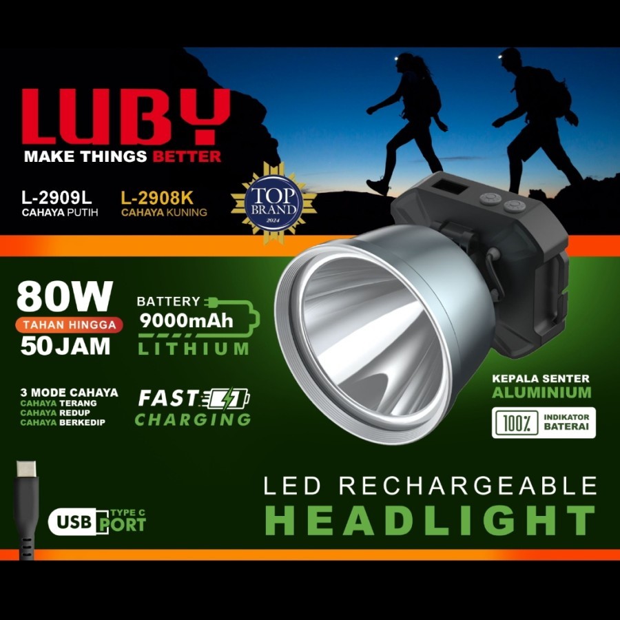 Luby L-2909 Senter Kepala 80 Watt Cahaya Putih Led Super Terang Tahan Hingga 50 Jam