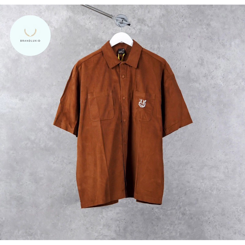 Ric Ricky is Clown x Pocket White Suede Short Sleeve Shirt in Brown & Navy