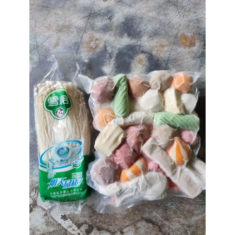 

aneka bakso ikan d mix steamboat Premium bumbu tomyam 450 g plus jamur enoki