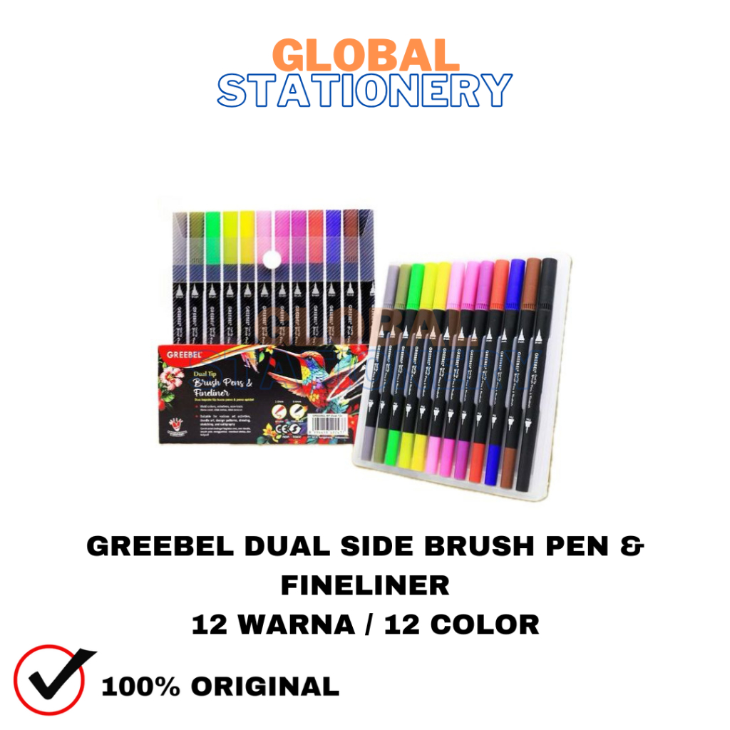 

GREEBEL Dual Tip Brush Pen Color 12 Warna / Pena Kuas / Spidol Set Marker Drawing Pen