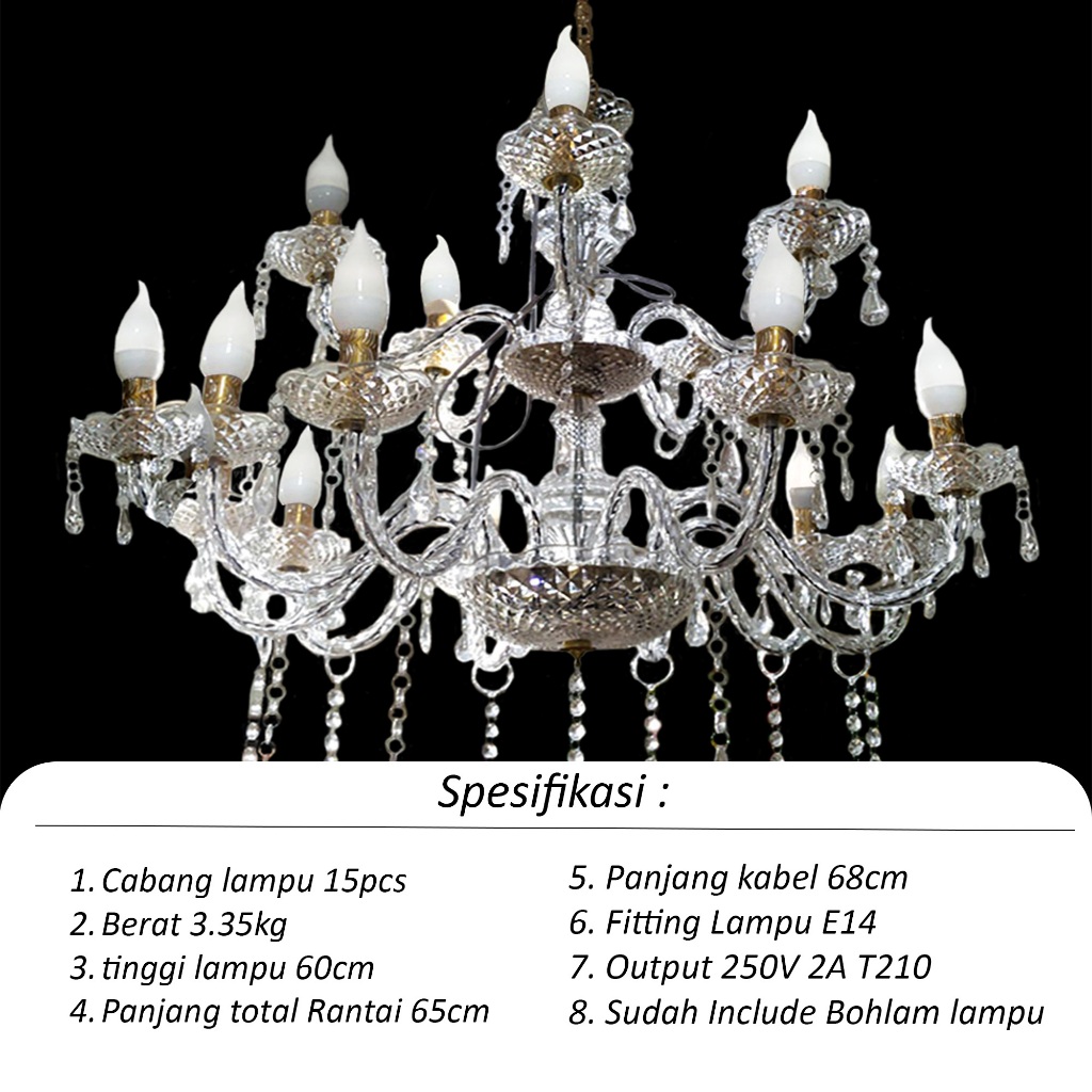 Lampu Lilin Chandelier Gantung Cabang 6&15 SUDAH TERMASUK LAMPU Kristal Akrilik Import Termurah