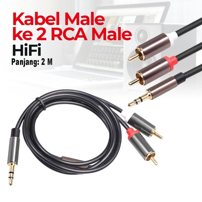 Kabel AUX audio 3,5mm male to 2 RCA male hifi 2 Meter