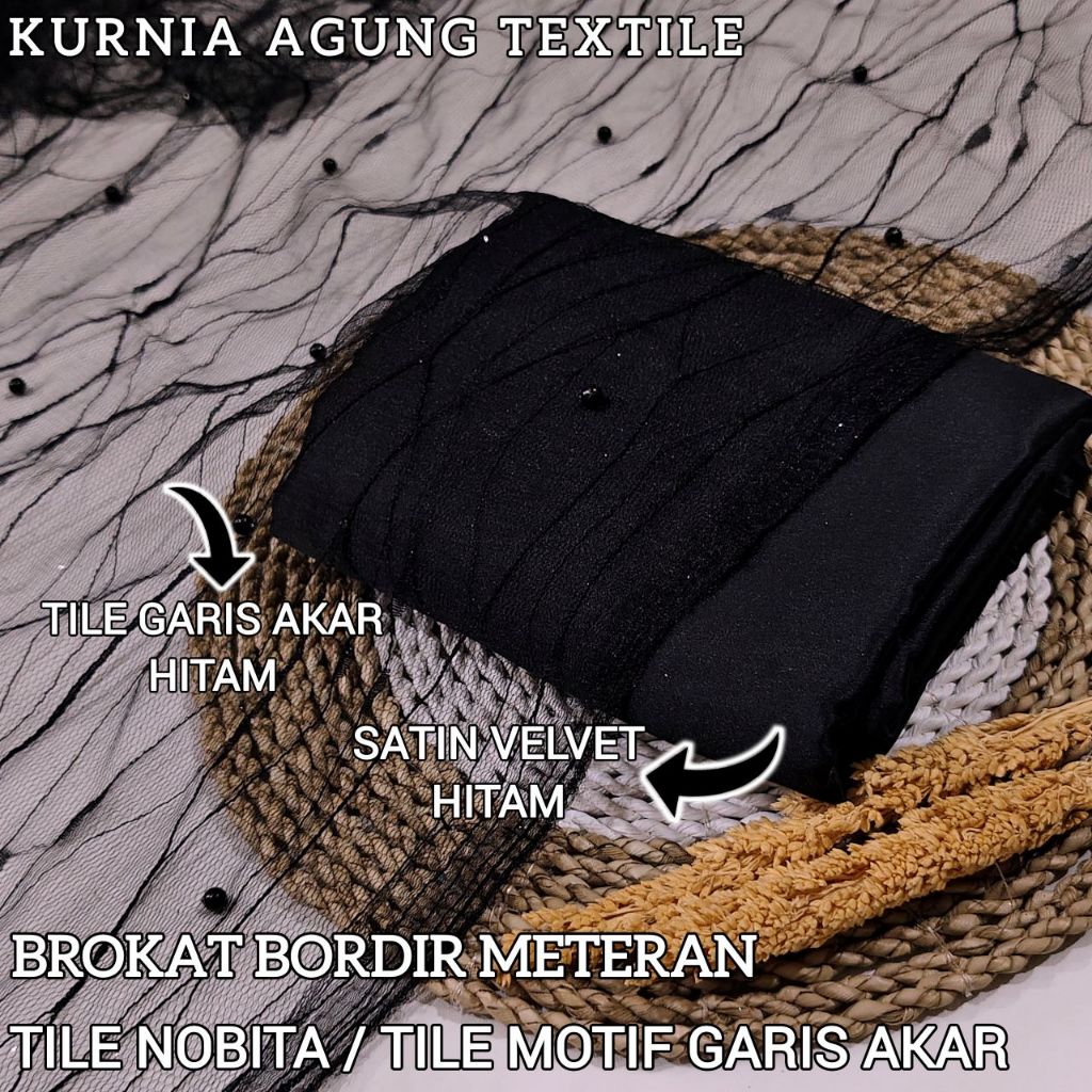 Kain Tile Mesh/ Tile Akar Mutiara/ Tile Nobita/ Brokat Salur Garis Akar warna BLACK / HITAM Meteran 