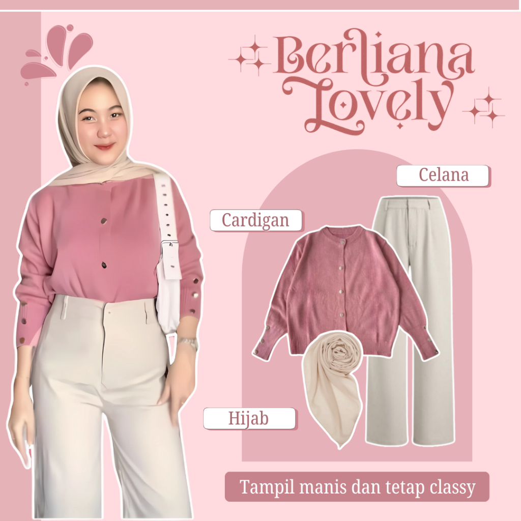 One Set Wanita Kekinian Korea Hijab Celana Knit Atasan Cardigan Rajut Premium Dusty Pink 3IN1 OOTD S