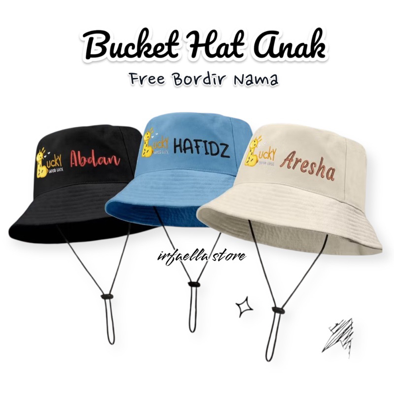Bucket Anak Tali Bordir Jerapah Costum Nama Anak / Bucket Hat Anak Bordir Jerapah