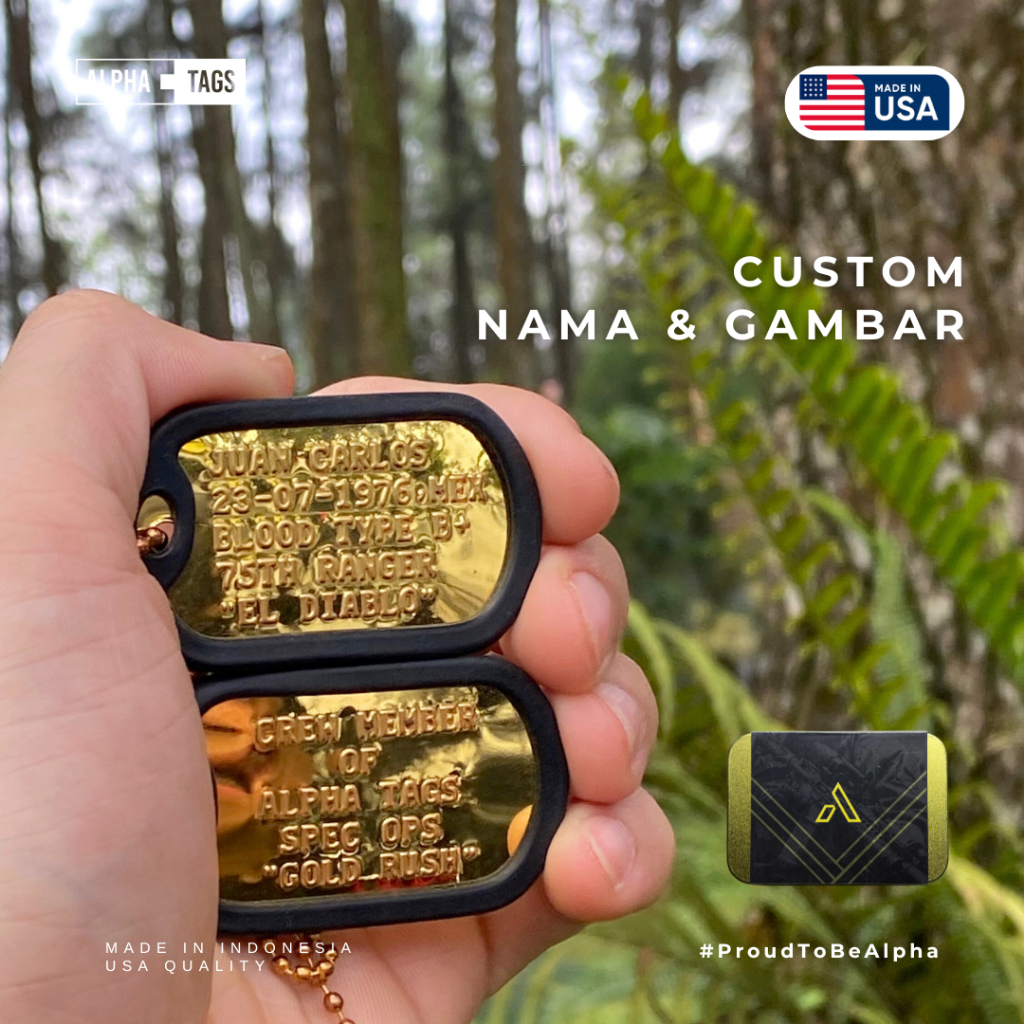 kalung dogtags pria emas GOLD RUSH custom / kalung tentara dog tag