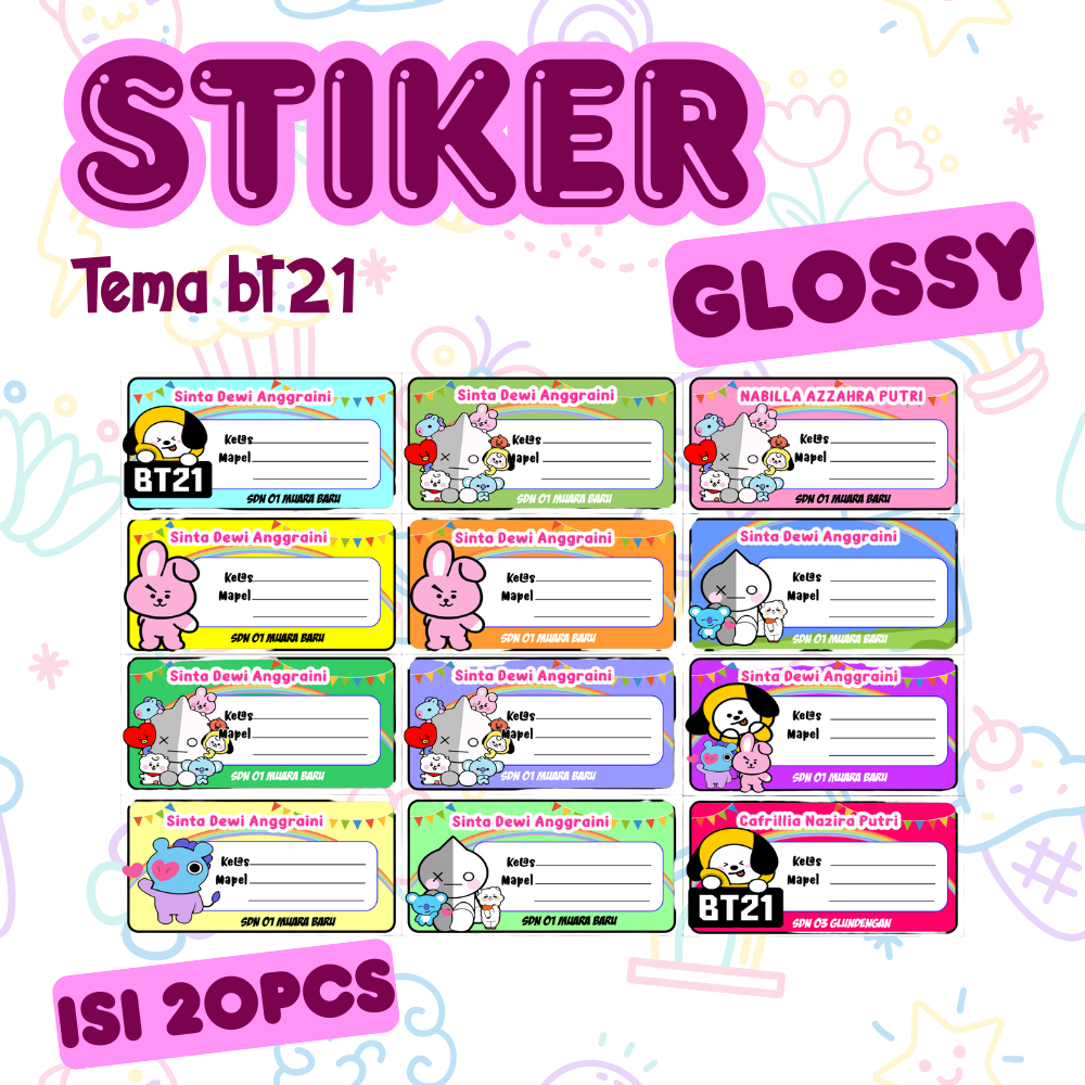 

Stiker Label Buku Pelajaran BT21/Glossy isi 20pcs/custom nama