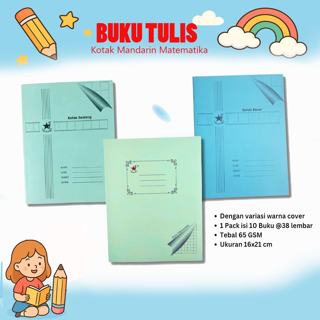 

bib 10 Buku Tulis Kotak Besar Mandarin / Kotak Sedang / Kotak Kecil / Garis 5 / Garis 3 / Matematika