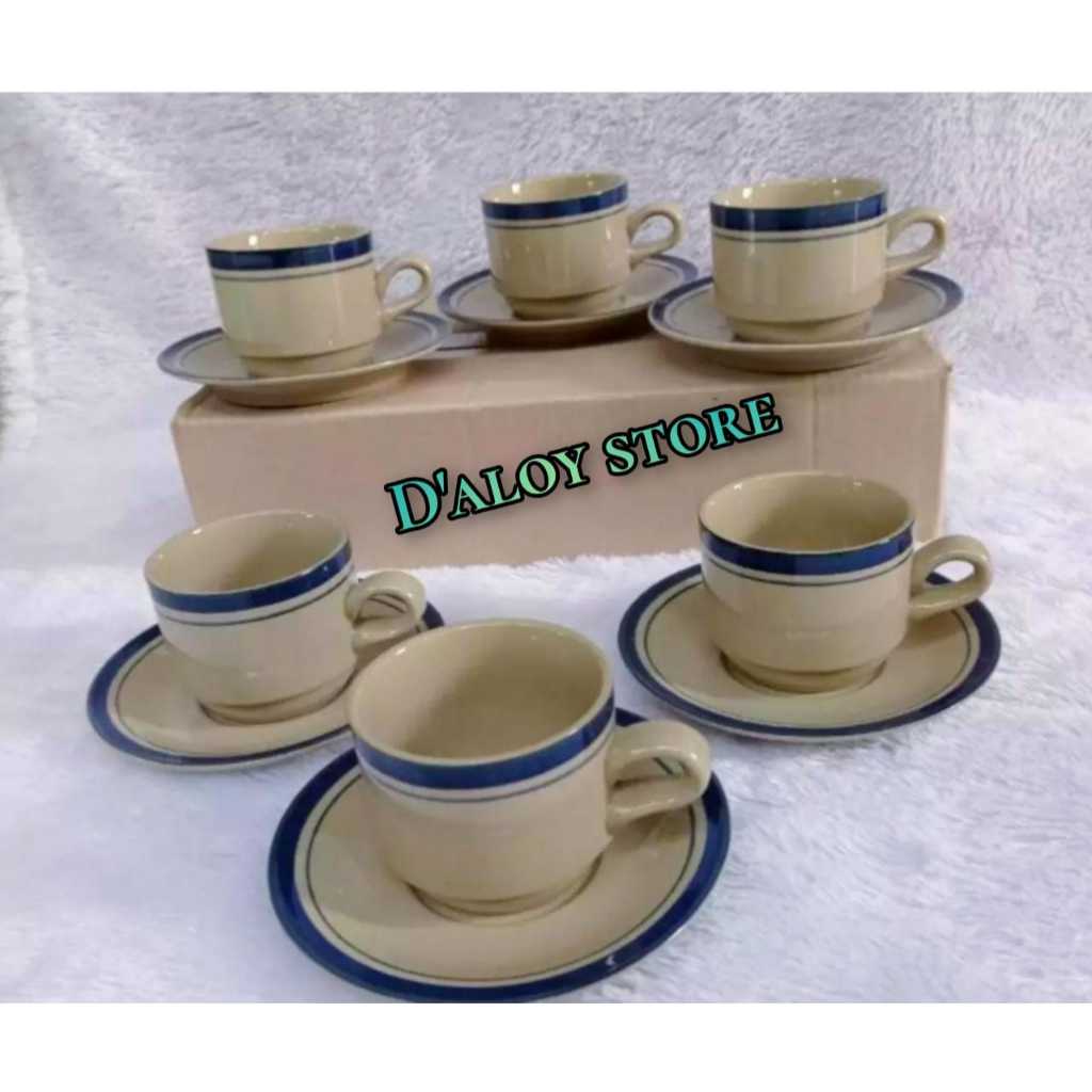 GELAS KOPI CANTIK;1set (6 gelas+6 tatakan) Cangkir Klasik List Warna