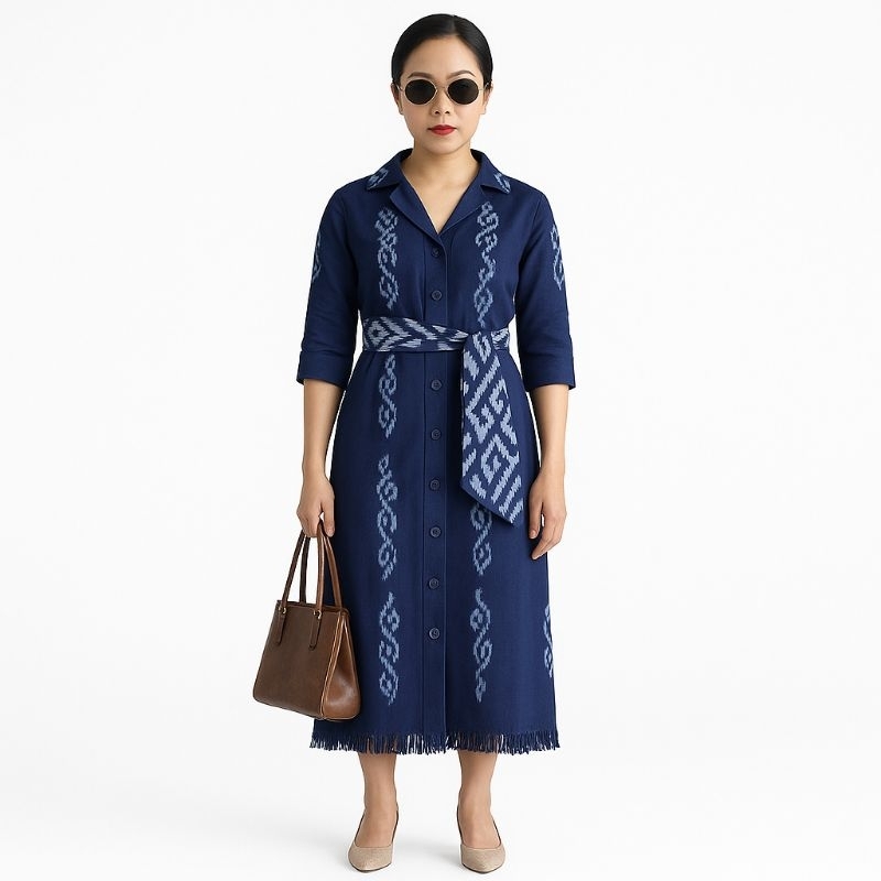 Dress Tenun Jepara Motif Toraja - Busana Etnik Modern Elegan | Gaun Tenun Wanita Kekinian | Baju Ten