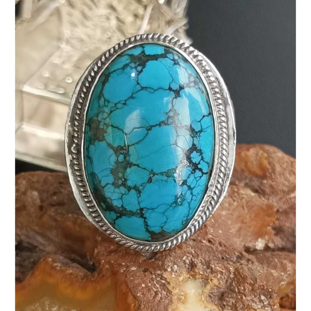 Natural Pirus Tibet Biru Jumbo Urat Jala Ring Perak 925 Handmade