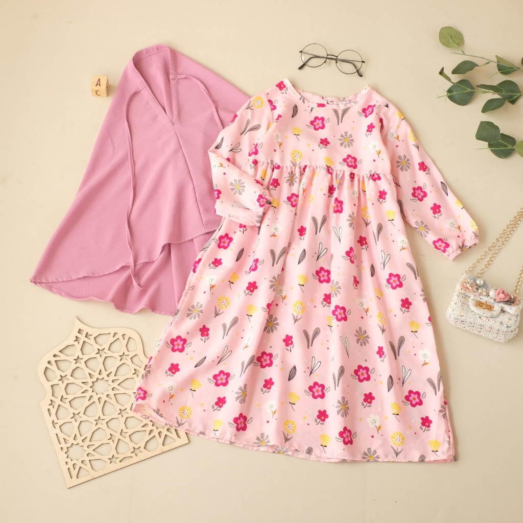 Set Gamis Anak Rayon Dress Muslim set 1 tahun - 6 tahun zunaira set warna warna pastel