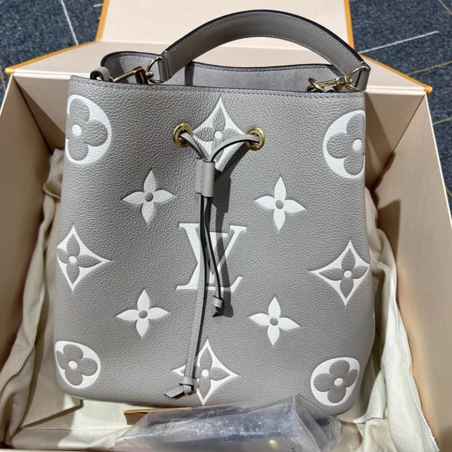 Louis Vuitton Neonoe - Tas Ember Serut & Selempang Kulit Sapi Abu-Abu Gajah Mewah