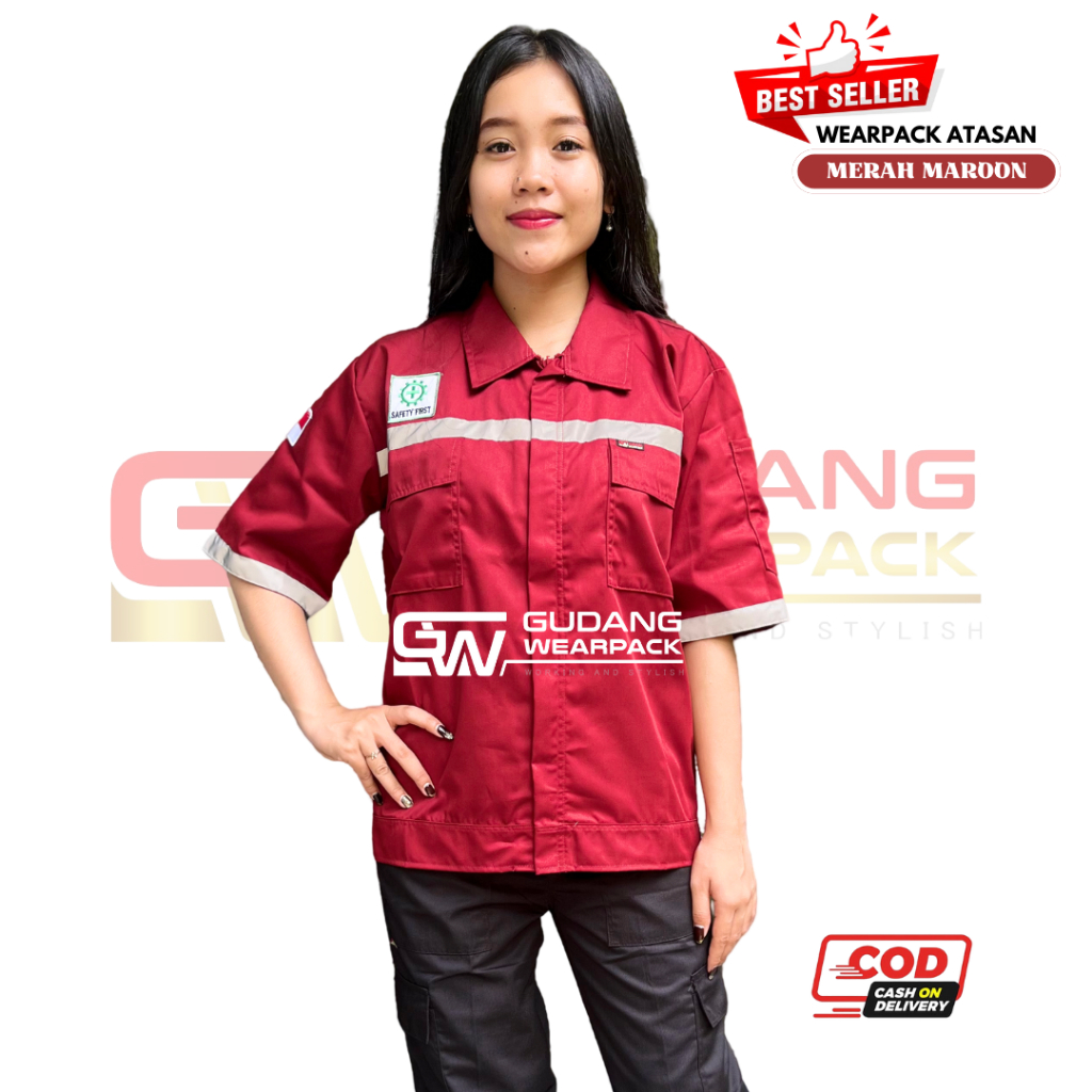 Wearpack Atasan Lengan Pendek Lis - Warna Merah Maroon (baju kerja) - gudang wearpack