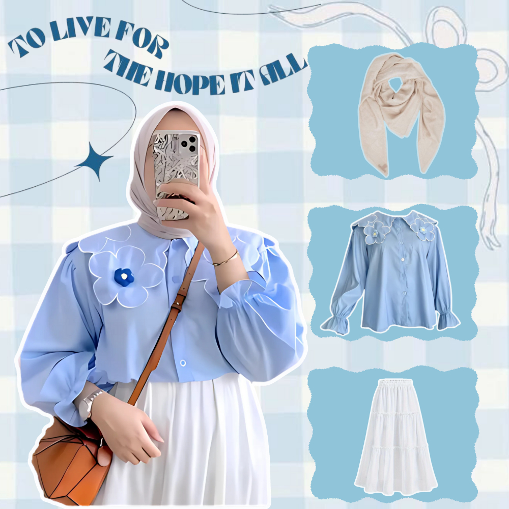 3in1 Setelan Hijab Remaja Ala Korean Style Blouse Bunga (Blouse+Rok+Hijab) OOTD Hangout Santai Kekin