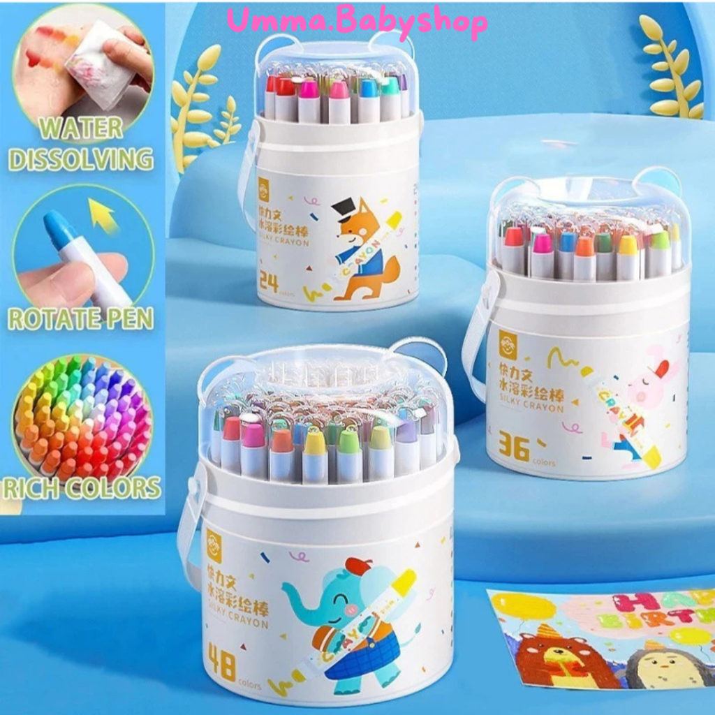 

Umma.Babyshop 24/36/48 Warna Colorful Bucket Krayon Crayon Set Mewarnai Alat Warna Set Anak Wipe and Clean Crayon Anti Kotor dan Patan Washable Silky Crayon Putar