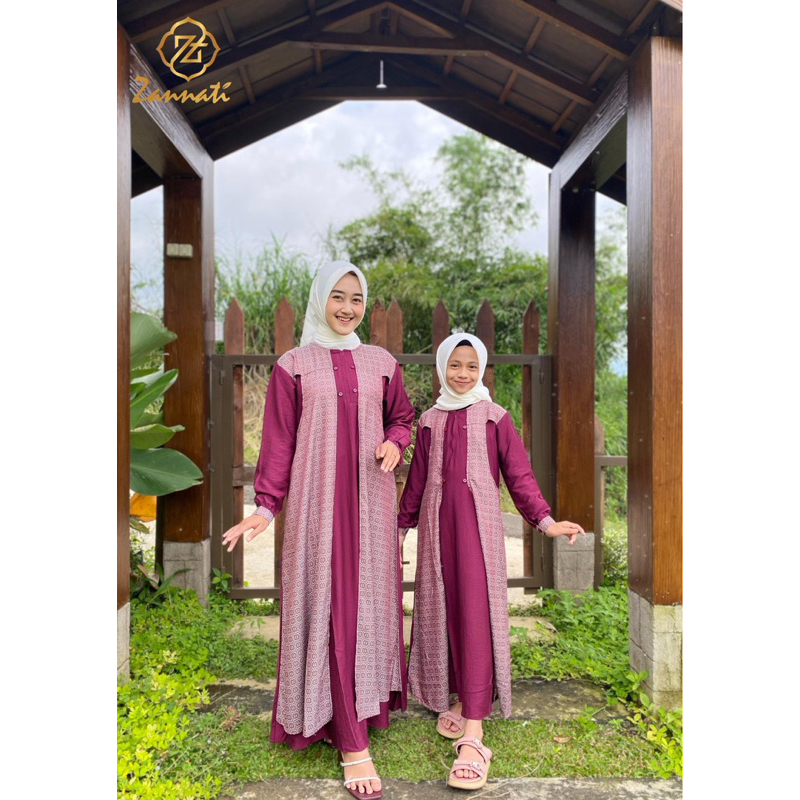 ZANNATI Gamis Couple Mom & Kids Outer Queena Polo Linen Jaquar Gamis kekinian Anak Tanggung