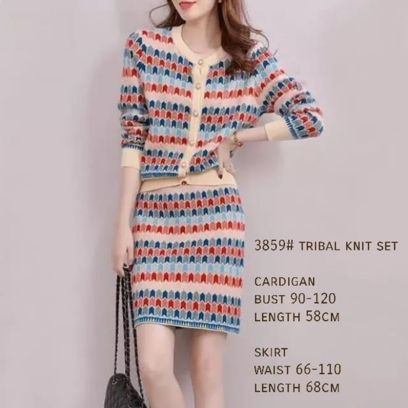PAKAIAN WANITA BAJU ATASAN OUTER CARDIGAN + ROK PENDEK SETELAN STELAN ONE SET TRIBAL KNIT RAJUT "