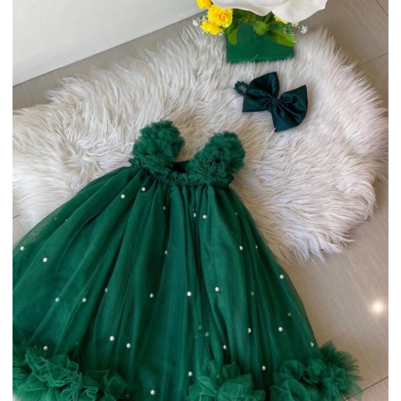 dress hijau natal, dress tutu anak, dress pesta