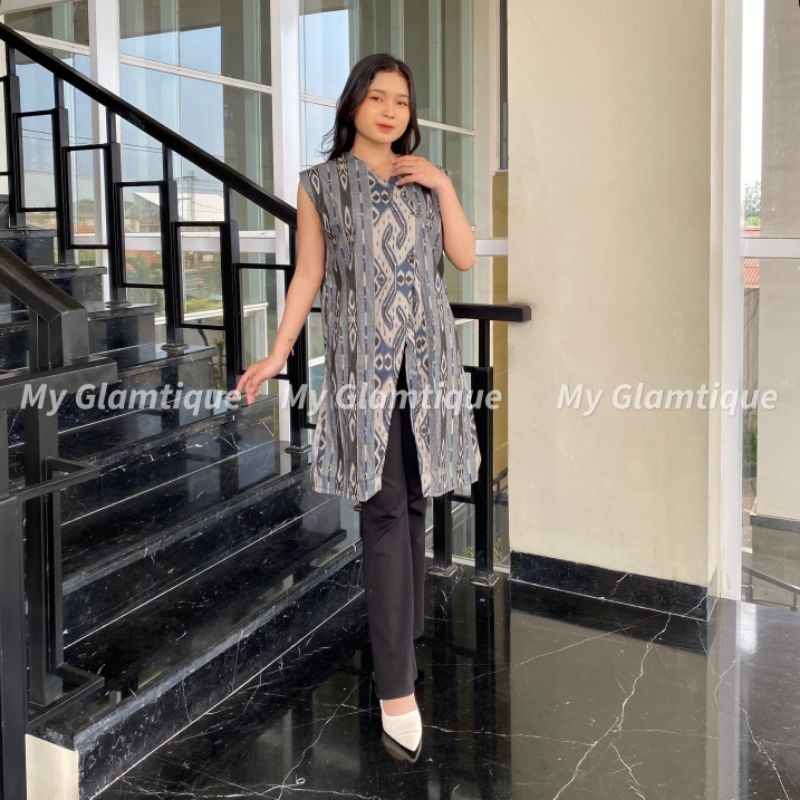 DISKON LONG CARDI BATIK ATASAN WANITA MODERN OUTER PANJANG TANPA LENGAN