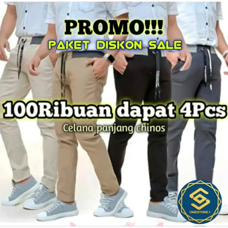 PROMO CELANA CHINOS PANJANG PRIA100 RIBU 4 PCS / Abu Cream Hitam Mocca -4 Pcs - Twil Katun Jova - Pi