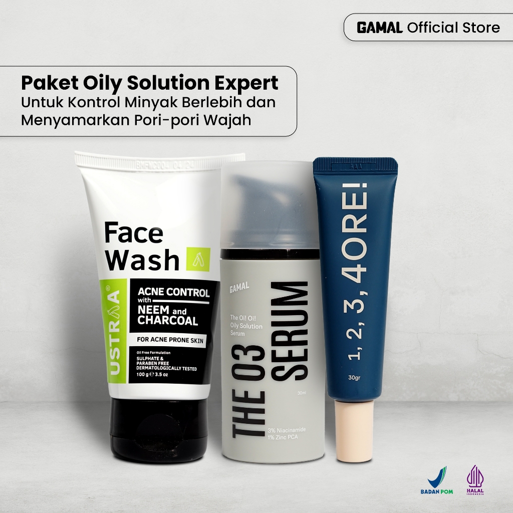 GAMAL | Paket Oily Solution Expert | Ustraa Facewash Neem 100ml + The O3 Serum 30ml + 1,2,3,4ORE Mat
