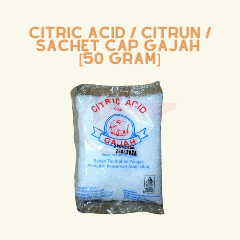 

Citric Acid Cap Gajah Sachet / Citrun Asam Sitrat Pembersih Noda / Pembersih Pengawet Rasa Asam [50 Gram]