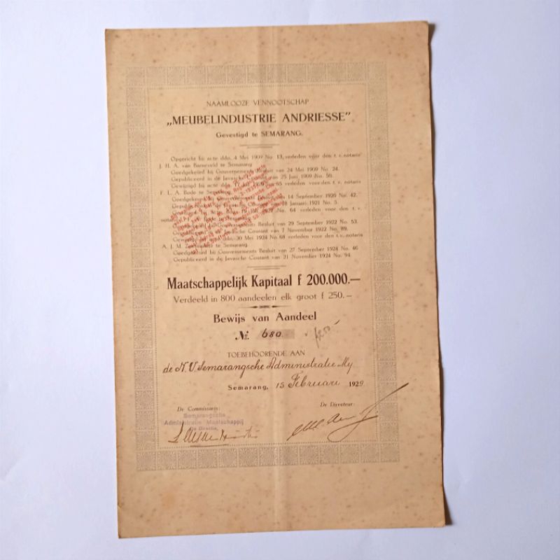

Antik Surat Obligasi Tua Era Kolonial MEUBELINDUSTRIE ANDRIESSE SEMARANG 1929
