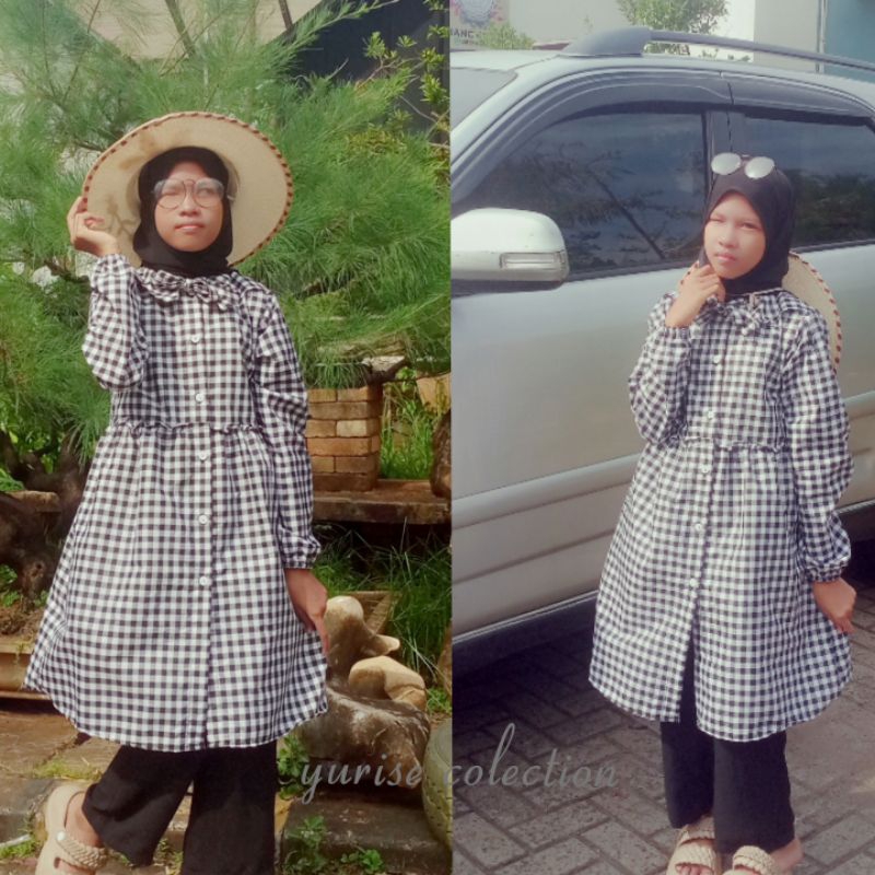 BAJU KEMEJA TUNIK ANAK BAHAN YARNDYED HITAM KOTAK KOTAK