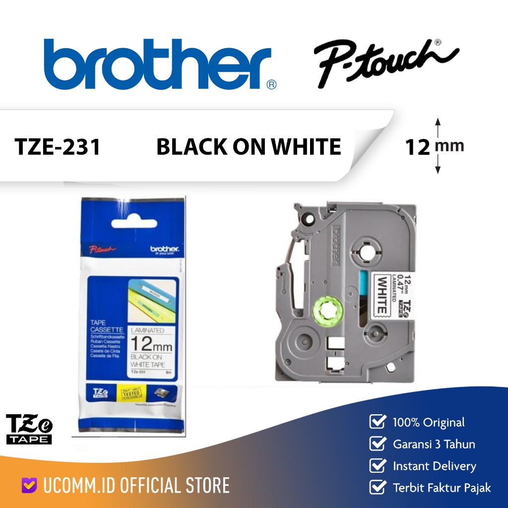BROTHER Label Tape TZE-231 TZE 231 Black on White Laminated Tapes 12mm Original