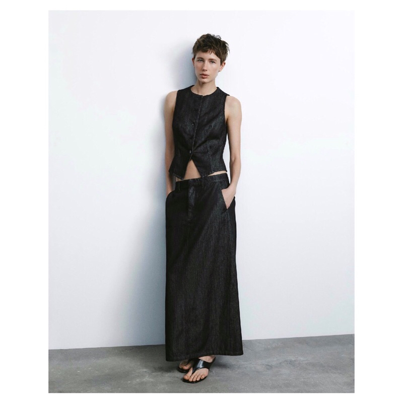 TTRWJ - Black Informal Denim Vest - Black Denim Long Skirt Set