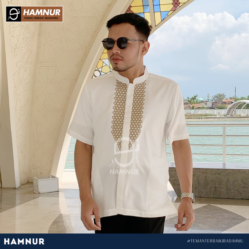 Baju Koko Pria Dewasa Lengan Pendek Warna Putih Tulang Motif Bordir Gold Sultan Kualitas Premium Ter