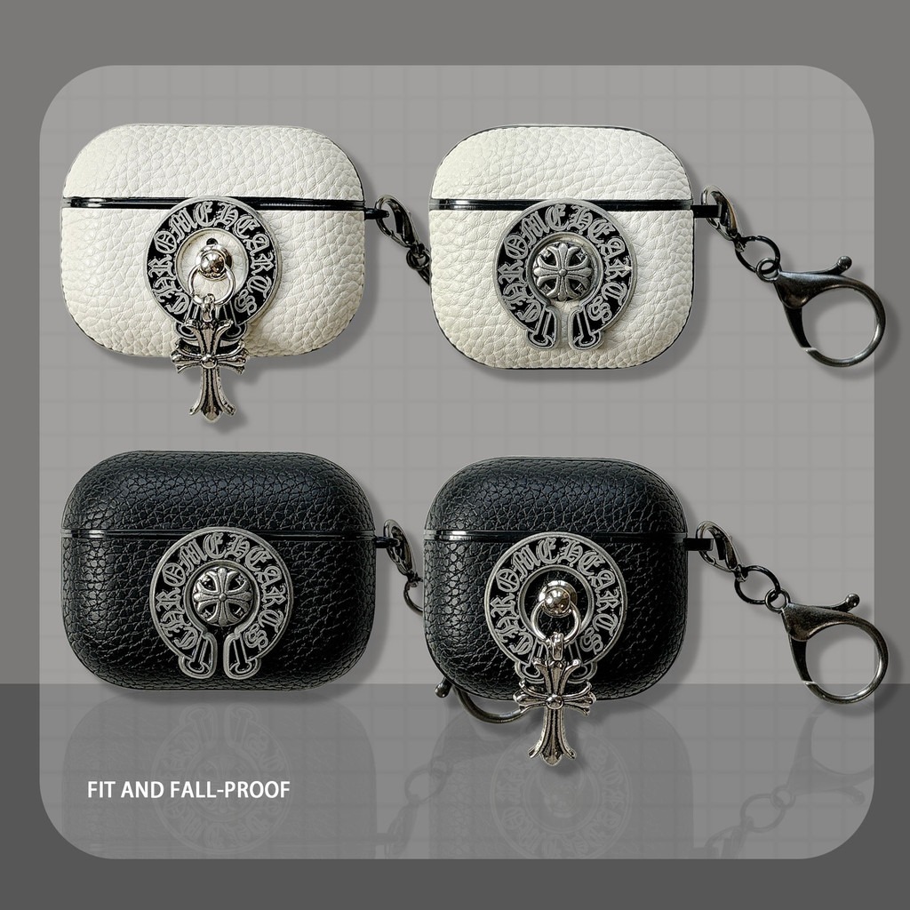 Chrome Hearts Leather Earphone Case Compatible for Airpods 4 3 Pro 2 Pro2 Hard Protection Case with 