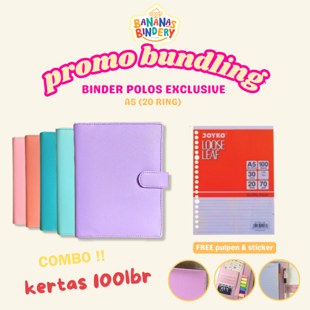 

Bananasbindery Binder A5 20RING BUNDLING [ISI 2pcs] 1pcs Binder Polos Exclusive+ 1 pack Kertas A5 100 Paper Stationery